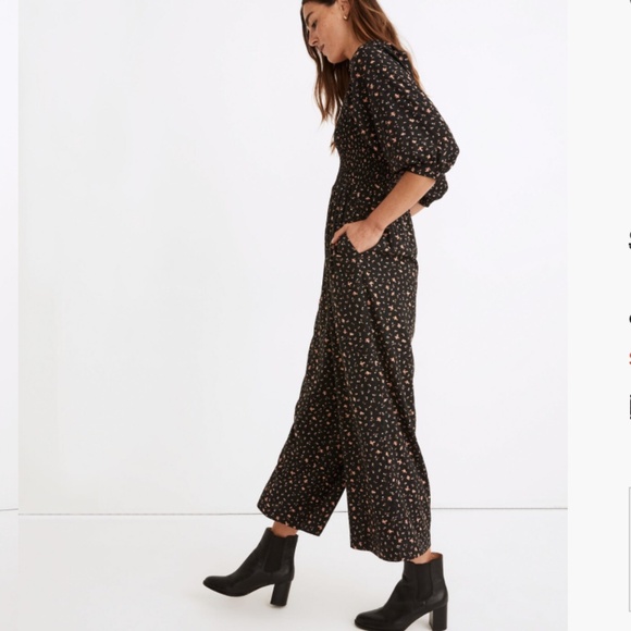 Madewell Lucie Elbow-Sleeve Smocked Wide-Leg Jumpsuit in Stem Scatter – Size 2 - Picture 3 of 12